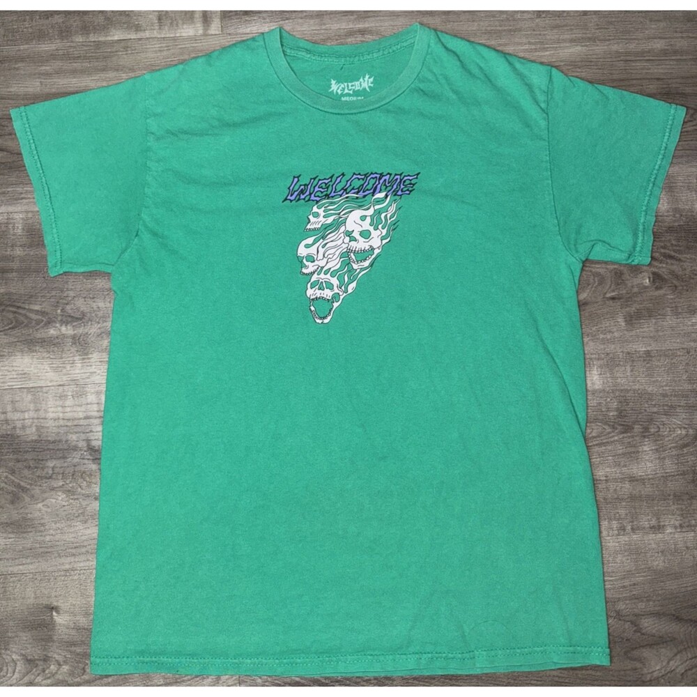 Welcome Skateboards Green T Shirt Men’s Size Medium Skulls Limited Edition